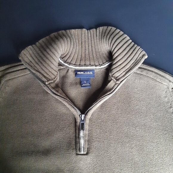H&M L.O.G.G. SZ L Olive Green Cotton Mock Neck 1/4 Zip Men's Sweater - Picture 4 of 14